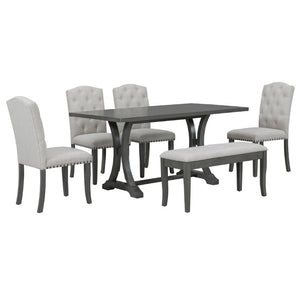 English Elm Trexm Farmhouse Trestle Dining Set Seats Six with Upholstered Chairs and Cushioned Bench ST000087AAE--2026