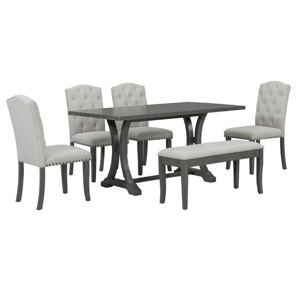 English Elm Trexm Farmhouse Trestle Dining Set Seats Six with Upholstered Chairs and Cushioned Bench ST000087AAE--2026