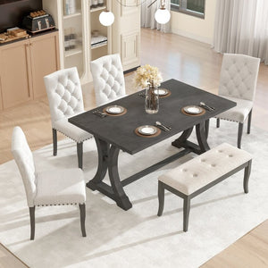 English Elm Trexm Farmhouse Trestle Dining Set Seats Six with Upholstered Chairs and Cushioned Bench ST000087AAE--2026