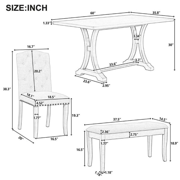 English Elm Trexm Farmhouse Trestle Dining Set Seats Six with Upholstered Chairs and Cushioned Bench ST000087AAE--2026