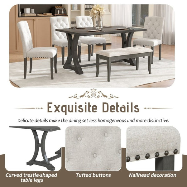 English Elm Trexm Farmhouse Trestle Dining Set Seats Six with Upholstered Chairs and Cushioned Bench ST000087AAE--2026