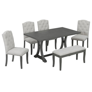 English Elm Trexm Farmhouse Trestle Dining Set Seats Six with Upholstered Chairs and Cushioned Bench ST000087AAE--2026