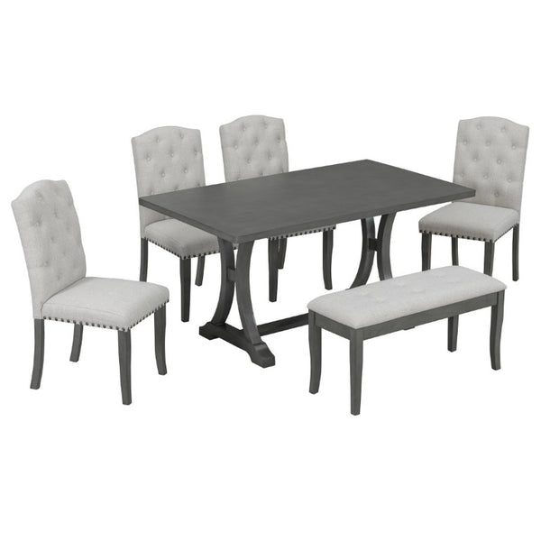 English Elm Trexm Farmhouse Trestle Dining Set Seats Six with Upholstered Chairs and Cushioned Bench ST000087AAE--2026
