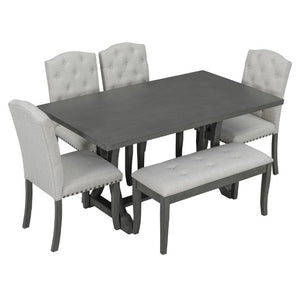 English Elm Trexm Farmhouse Trestle Dining Set Seats Six with Upholstered Chairs and Cushioned Bench ST000087AAE--2026