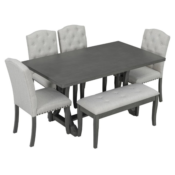 English Elm Trexm Farmhouse Trestle Dining Set Seats Six with Upholstered Chairs and Cushioned Bench ST000087AAE--2026