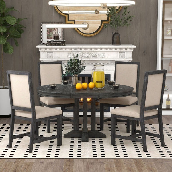 English Elm Trexm Farmhouse Extendable Oak Veneer Dining Set with Four Upholstered Chairs ST000090AAB