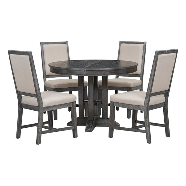 English Elm Trexm Farmhouse Extendable Oak Veneer Dining Set with Four Upholstered Chairs ST000090AAB