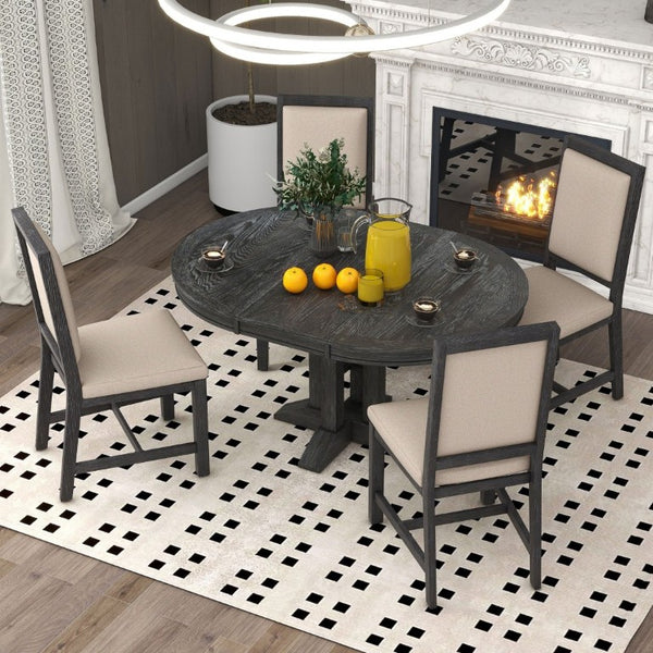 English Elm Trexm Farmhouse Extendable Oak Veneer Dining Set with Four Upholstered Chairs ST000090AAB
