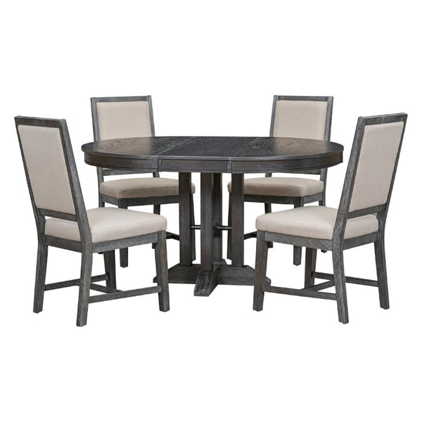 English Elm Trexm Farmhouse Extendable Oak Veneer Dining Set with Four Upholstered Chairs ST000090AAB