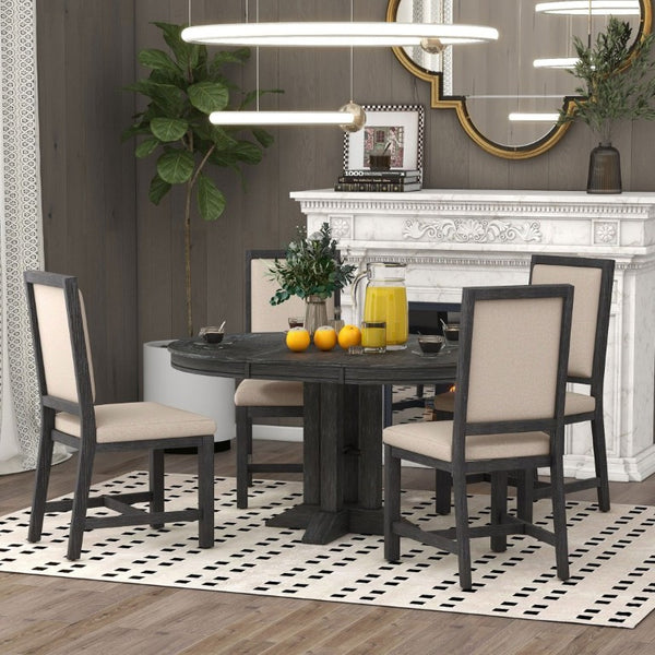 English Elm Trexm Farmhouse Extendable Oak Veneer Dining Set with Four Upholstered Chairs ST000090AAB