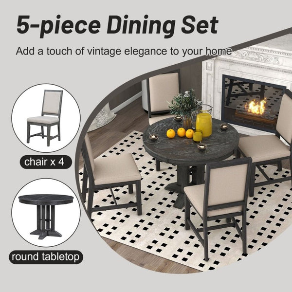 English Elm Trexm Farmhouse Extendable Oak Veneer Dining Set with Four Upholstered Chairs ST000090AAB