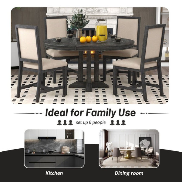 English Elm Trexm Farmhouse Extendable Oak Veneer Dining Set with Four Upholstered Chairs ST000090AAB