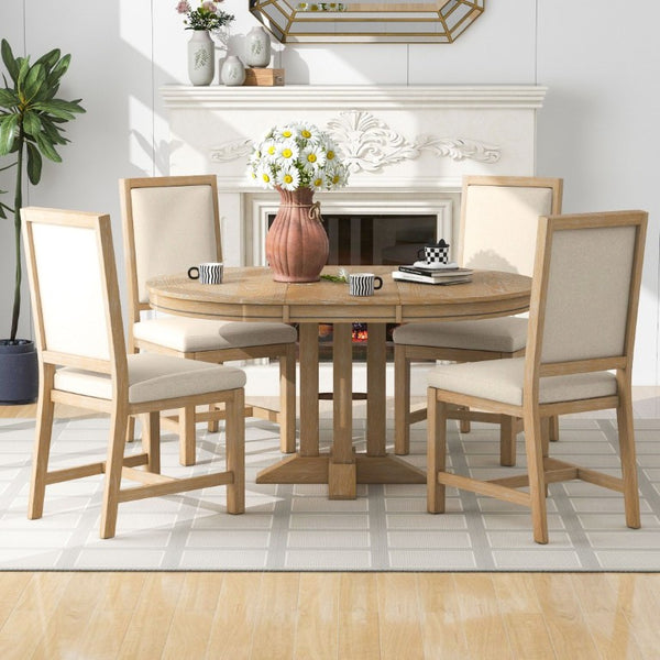 English Elm Trexm Extendable Farmhouse Dining Set Oak Veneer Round Table with 4 Padded Chairs Natural Wood Wash ST000090AAE-2026