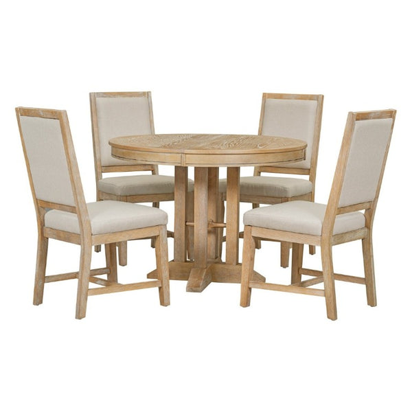 English Elm Trexm Extendable Farmhouse Dining Set Oak Veneer Round Table with 4 Padded Chairs Natural Wood Wash ST000090AAE-2026