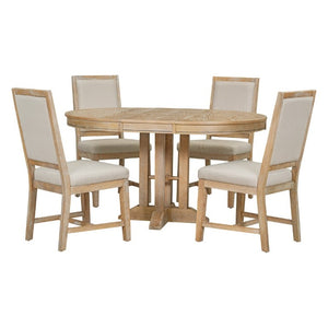 English Elm Trexm Extendable Farmhouse Dining Set Oak Veneer Round Table with 4 Padded Chairs Natural Wood Wash ST000090AAE-2026