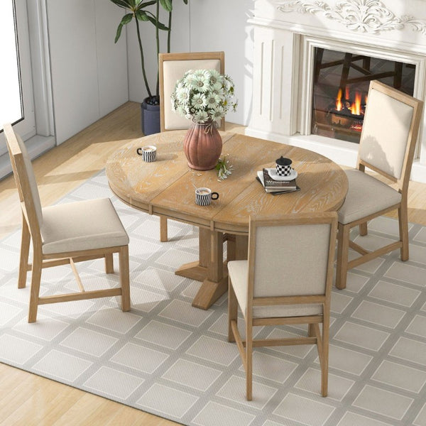 English Elm Trexm Extendable Farmhouse Dining Set Oak Veneer Round Table with 4 Padded Chairs Natural Wood Wash ST000090AAE-2026