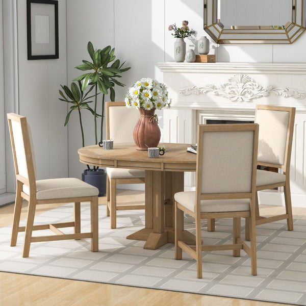 English Elm Trexm Extendable Farmhouse Dining Set Oak Veneer Round Table with 4 Padded Chairs Natural Wood Wash ST000090AAE-2026