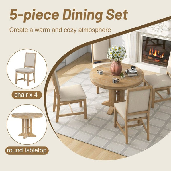 English Elm Trexm Extendable Farmhouse Dining Set Oak Veneer Round Table with 4 Padded Chairs Natural Wood Wash ST000090AAE-2026
