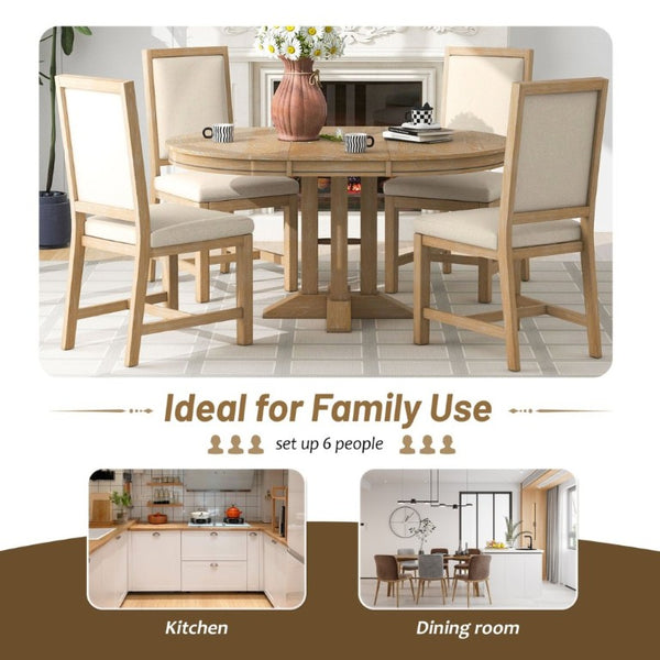 English Elm Trexm Extendable Farmhouse Dining Set Oak Veneer Round Table with 4 Padded Chairs Natural Wood Wash ST000090AAE-2026