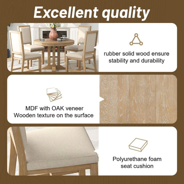 English Elm Trexm Extendable Farmhouse Dining Set Oak Veneer Round Table with 4 Padded Chairs Natural Wood Wash ST000090AAE-2026