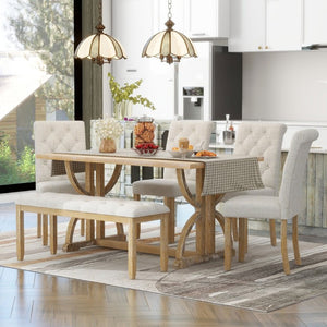 English Elm Trexm 6 Piece Farmhouse Dining Set Ash Veneer Table Tufted Chairs and Bench Natural Wood Wash ST000099AAD