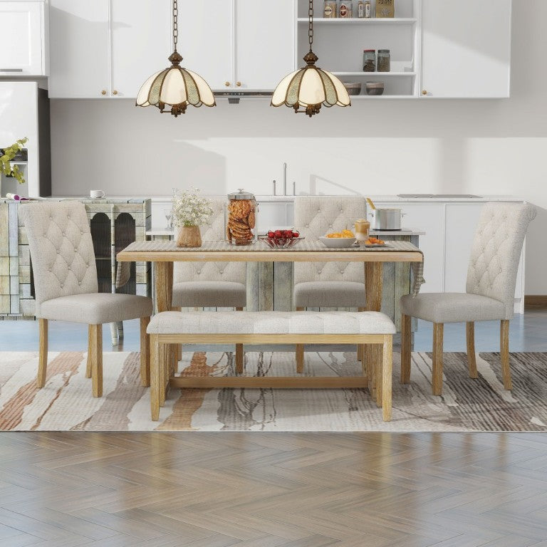 English Elm Trexm 6 Piece Farmhouse Dining Set Ash Veneer Table Tufted Chairs and Bench Natural Wood Wash ST000099AAD