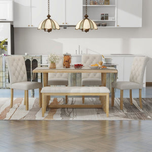 English Elm Trexm 6 Piece Farmhouse Dining Set Ash Veneer Table Tufted Chairs and Bench Natural Wood Wash ST000099AAD