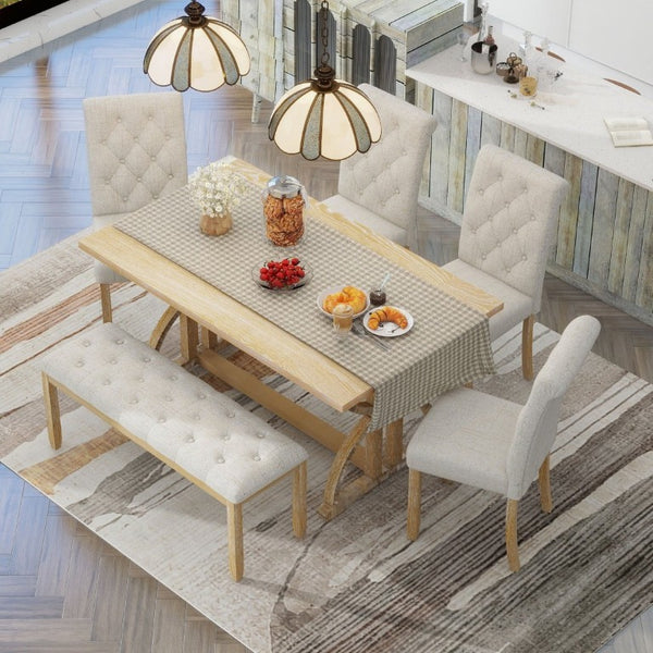 English Elm Trexm 6 Piece Farmhouse Dining Set Ash Veneer Table Tufted Chairs and Bench Natural Wood Wash ST000099AAD