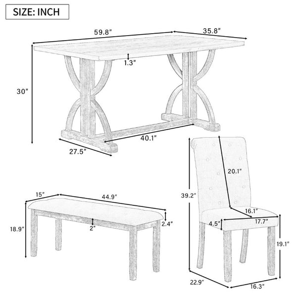 English Elm Trexm 6 Piece Farmhouse Dining Set Ash Veneer Table Tufted Chairs and Bench Natural Wood Wash ST000099AAD