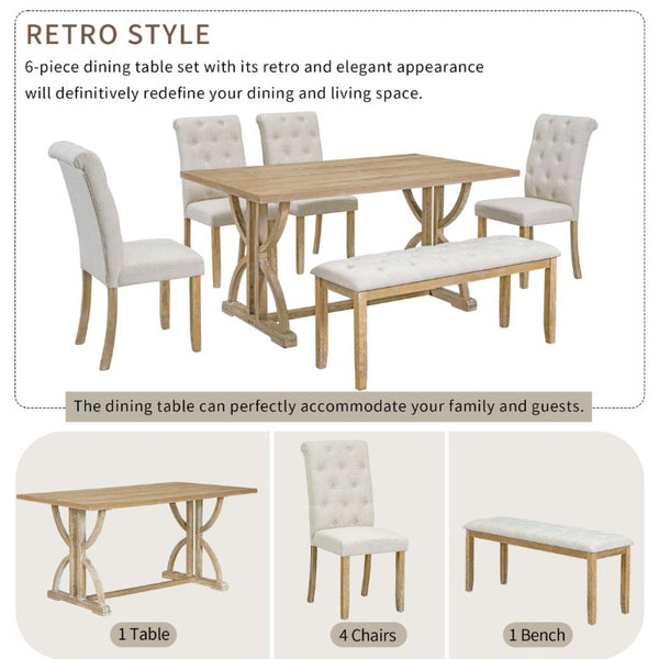 English Elm Trexm 6 Piece Farmhouse Dining Set Ash Veneer Table Tufted Chairs and Bench Natural Wood Wash ST000099AAD