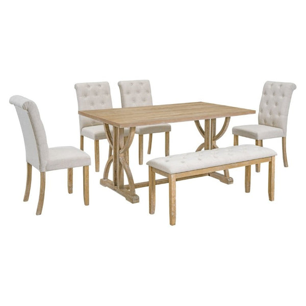 English Elm Trexm 6 Piece Farmhouse Dining Set Ash Veneer Table Tufted Chairs and Bench Natural Wood Wash ST000099AAD