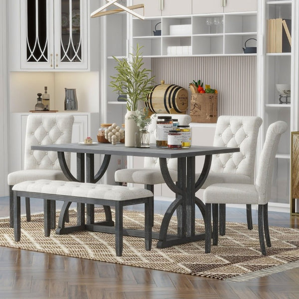 English Elm Trexm 6 Piece Farmhouse Dining Set Ash Veneer Table Tufted Chairs and Bench Gray Wash ST000099AAE