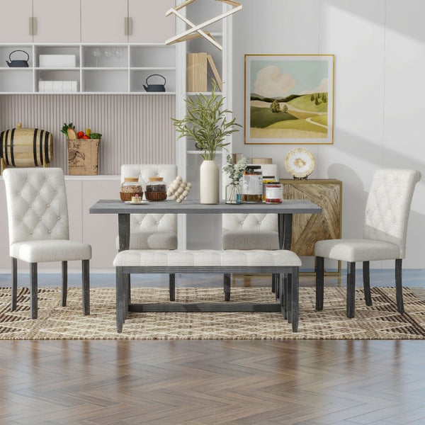 English Elm Trexm 6 Piece Farmhouse Dining Set Ash Veneer Table Tufted Chairs and Bench Gray Wash ST000099AAE