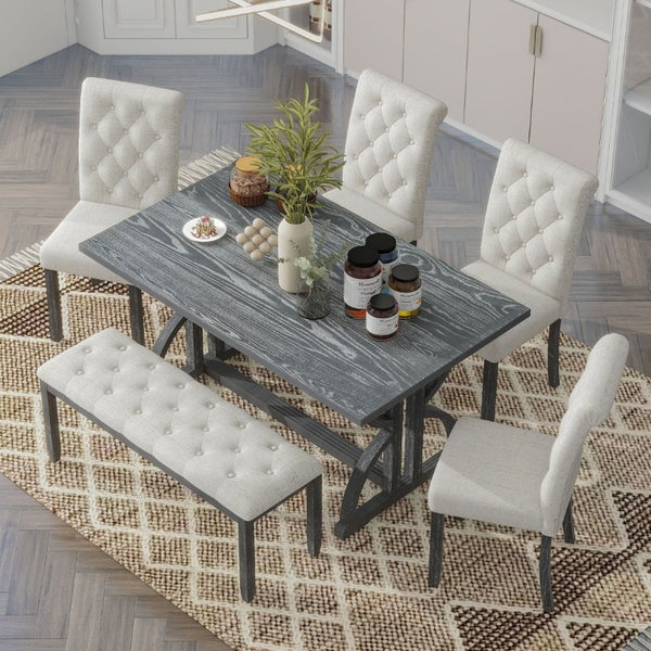 English Elm Trexm 6 Piece Farmhouse Dining Set Ash Veneer Table Tufted Chairs and Bench Gray Wash ST000099AAE