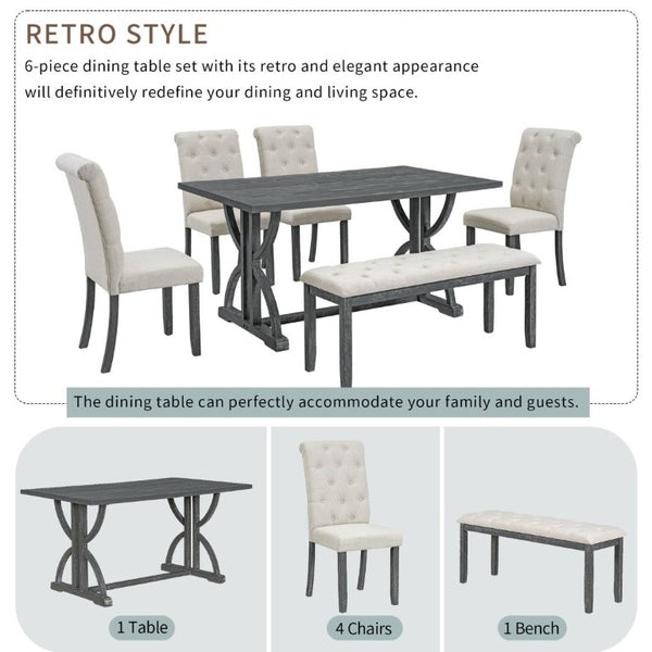 English Elm Trexm 6 Piece Farmhouse Dining Set Ash Veneer Table Tufted Chairs and Bench Gray Wash ST000099AAE