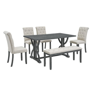 English Elm Trexm 6 Piece Farmhouse Dining Set Ash Veneer Table Tufted Chairs and Bench Gray Wash ST000099AAE