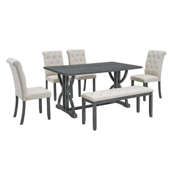 English Elm Trexm 6 Piece Farmhouse Dining Set Ash Veneer Table Tufted Chairs and Bench Gray Wash ST000099AAE