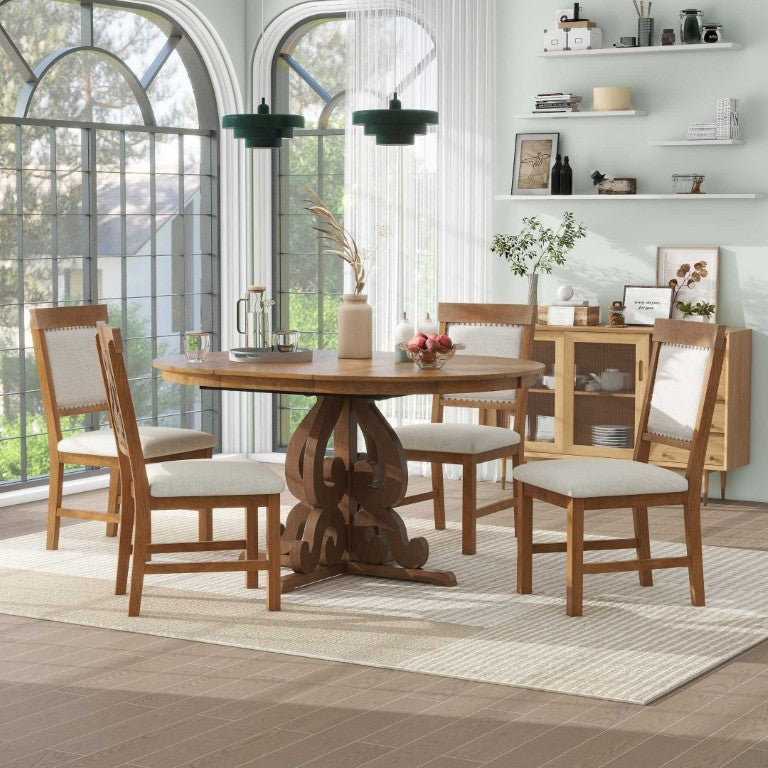 English Elm Trexm Retro 5 Piece Extendable Dining Set with Carved Legs and Linen Upholstered Chairs Walnut ST000114AAD