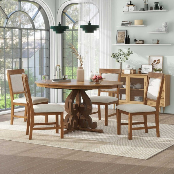 English Elm Trexm Retro 5 Piece Extendable Dining Set with Carved Legs and Linen Upholstered Chairs Walnut ST000114AAD