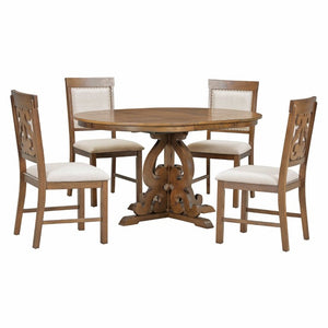 English Elm Trexm Retro 5 Piece Extendable Dining Set with Carved Legs and Linen Upholstered Chairs Walnut ST000114AAD