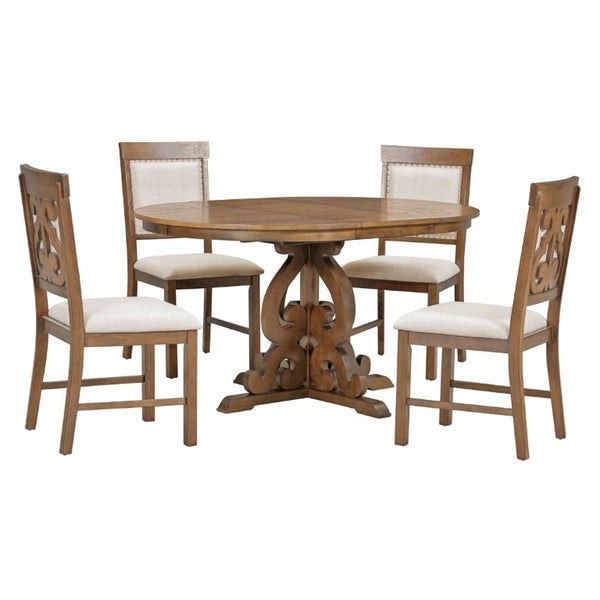 English Elm Trexm Retro 5 Piece Extendable Dining Set with Carved Legs and Linen Upholstered Chairs Walnut ST000114AAD