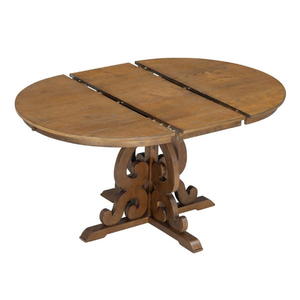 English Elm Trexm Retro 5 Piece Extendable Dining Set with Carved Legs and Linen Upholstered Chairs Walnut ST000114AAD