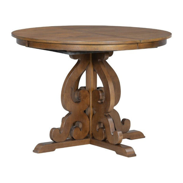 English Elm Trexm Retro 5 Piece Extendable Dining Set with Carved Legs and Linen Upholstered Chairs Walnut ST000114AAD