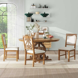 English Elm Trexm Retro 5 Piece Extendable Dining Set with Carved Legs and Linen Upholstered Chairs Walnut ST000114AAD