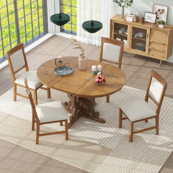 English Elm Trexm Retro 5 Piece Extendable Dining Set with Carved Legs and Linen Upholstered Chairs Walnut ST000114AAD