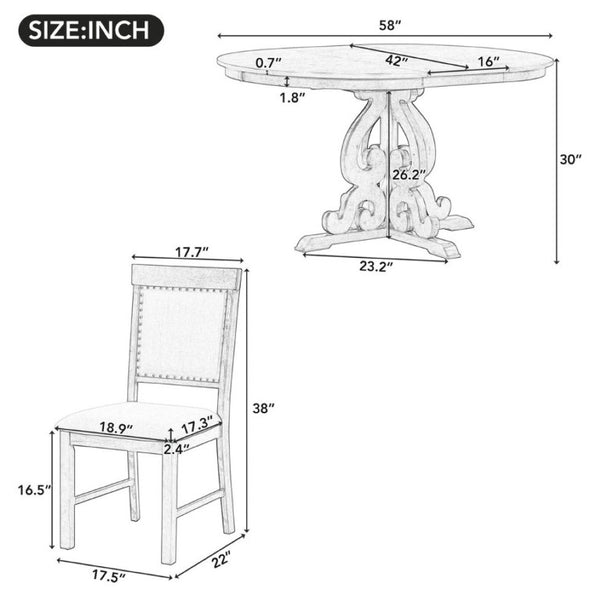 English Elm Trexm Retro 5 Piece Extendable Dining Set with Carved Legs and Linen Upholstered Chairs Walnut ST000114AAD