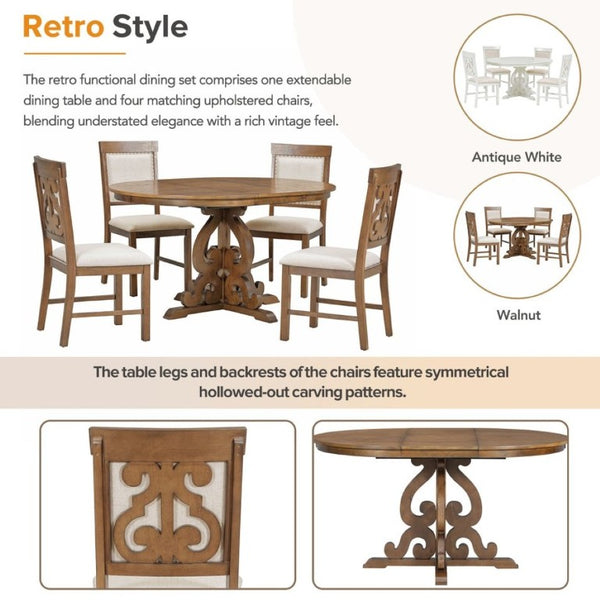 English Elm Trexm Retro 5 Piece Extendable Dining Set with Carved Legs and Linen Upholstered Chairs Walnut ST000114AAD