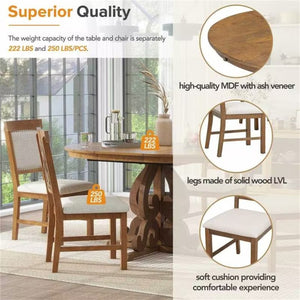 English Elm Trexm Retro 5 Piece Extendable Dining Set with Carved Legs and Linen Upholstered Chairs Walnut ST000114AAD