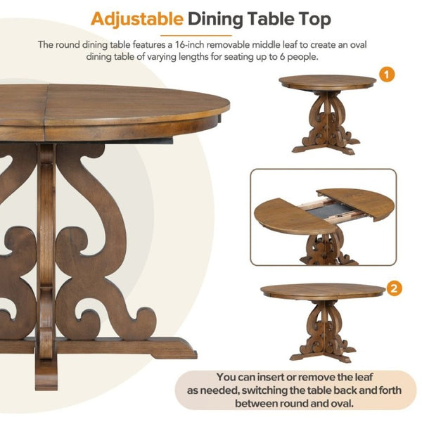 English Elm Trexm Retro 5 Piece Extendable Dining Set with Carved Legs and Linen Upholstered Chairs Walnut ST000114AAD