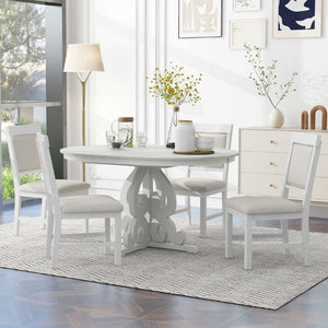 English Elm Trexm Retro 5 Piece Extendable Dining Set with Carved Legs and Linen Upholstered Chairs Antique White ST000114AAK